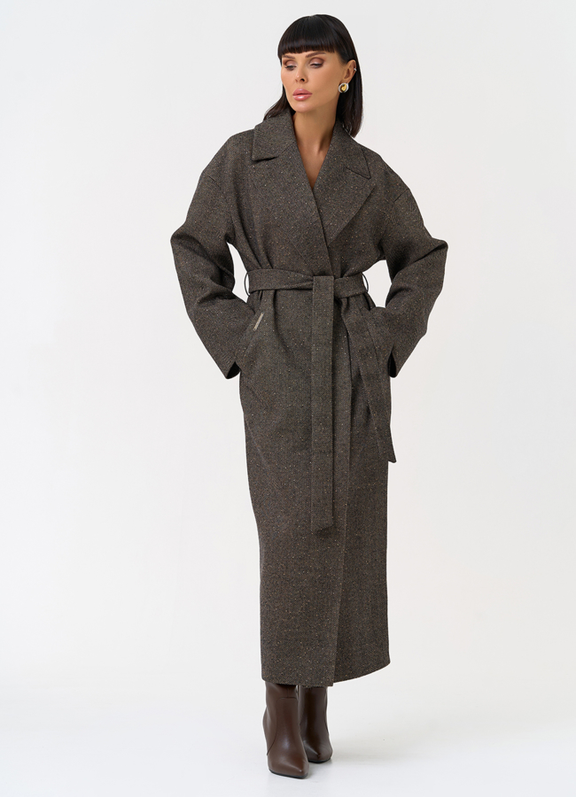 Женское длинное пальто с английским воротником модель № 31417 меха малина