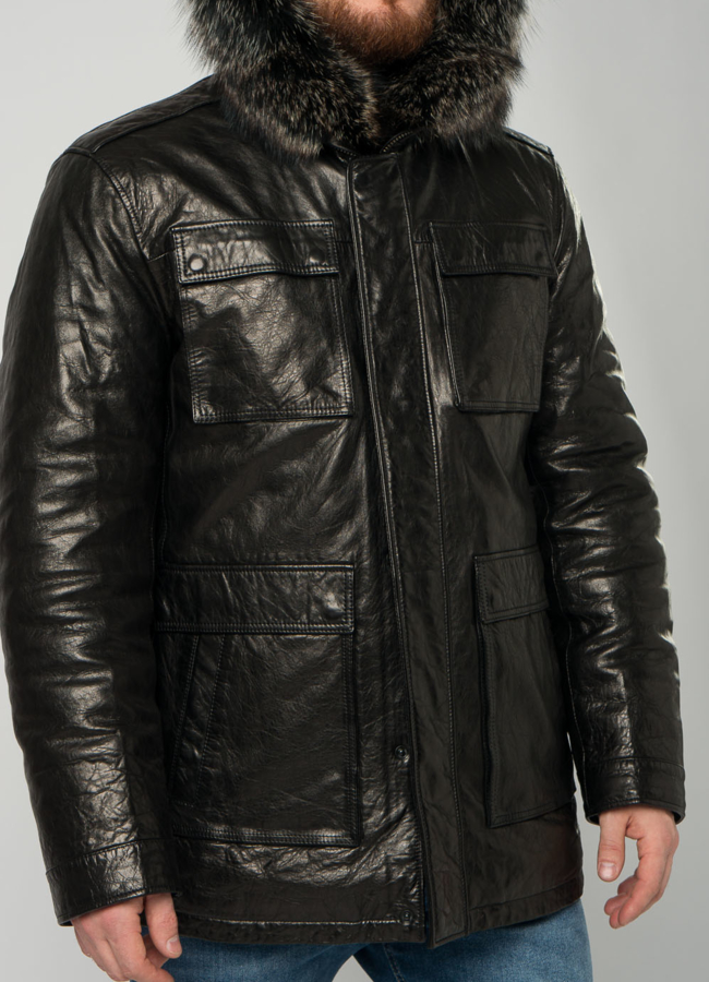 Мужской пуховик из натуральной кожи с капюшоном и отделкой из енота модель № 21923 универмаг малина