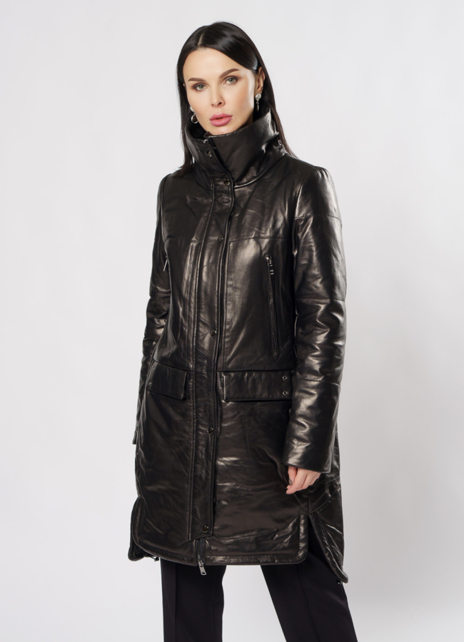 Пуховик из натуральной кожи на молнии черного цвета модель № 917 универмаг малина