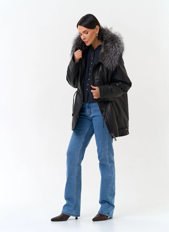 Женский пуховик из натуральной кожи с чернобуркой фото
