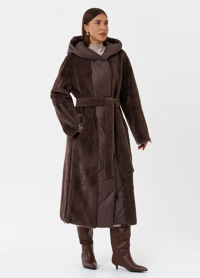 Комбинированное пальто на утеплении с капюшоном модель № 28538 в кредит