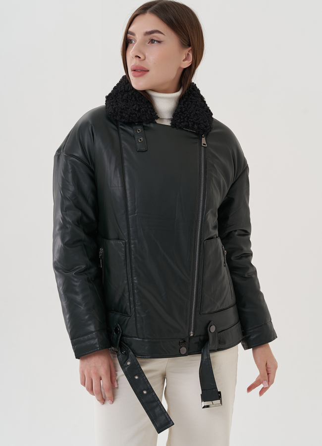 Косуха утепленная из экокожи с отделкой из экомеха модель № 25343 универмаг малина