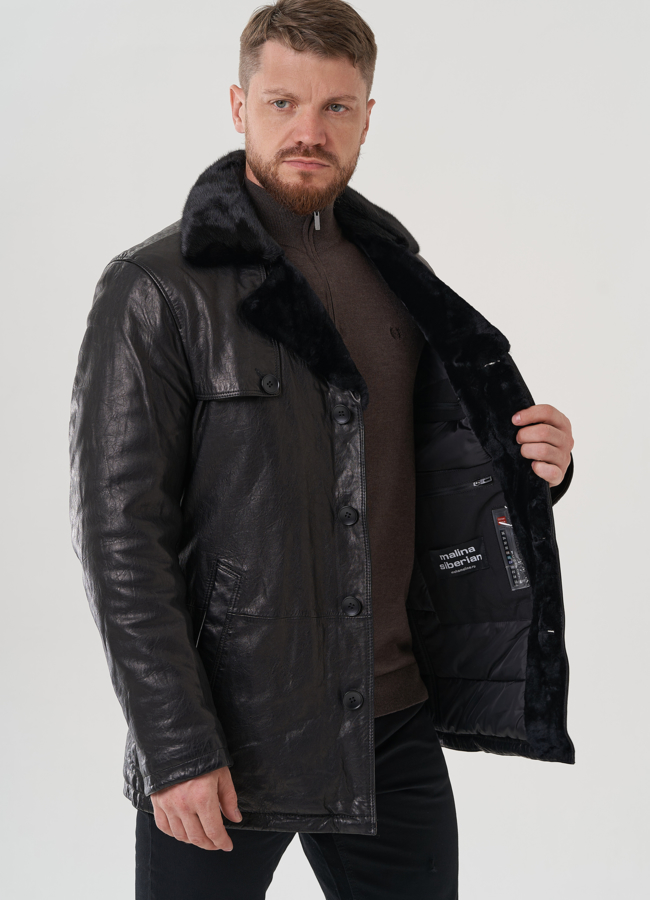 Мужская куртка из натуральной кожи черного цвета  модель № 82304 универмаг малина