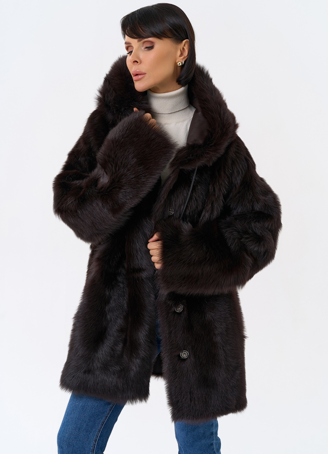 Женская двухсторонняя дубленка с капюшоном модель № 31851 универмаг малина