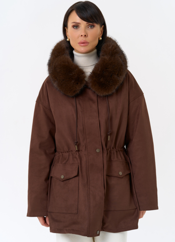 Женская парка из эко замши с капюшоном из эко меха