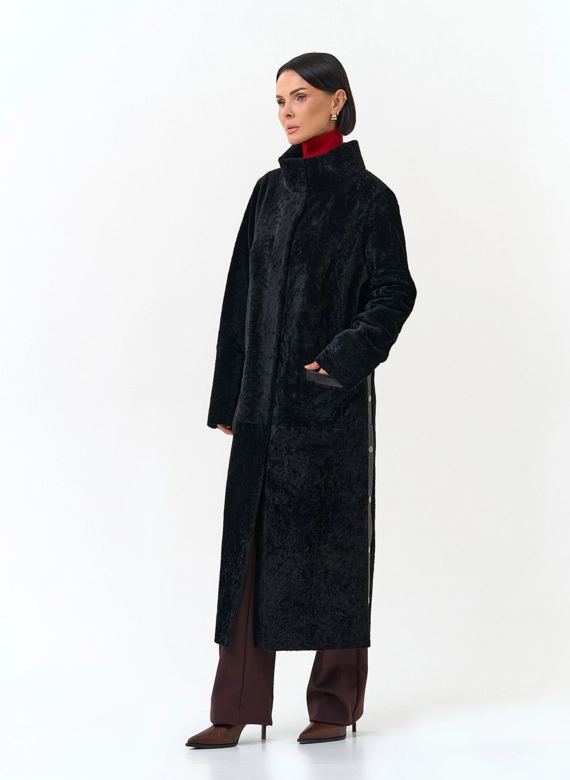 Женская двухсторонняя дубленка с поясом фото