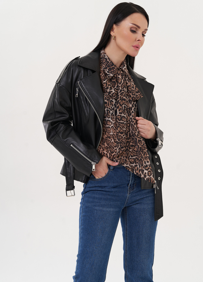 Кожаная куртка черного цвета модель № 500140 в рассрочку