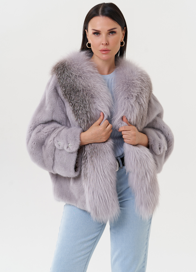 Укороченная норковая шуба с чернобуркой модель № 27585 меха малина