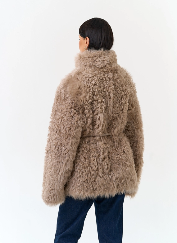 Женская дубленка двухсторонняя с воротником стойкой фото