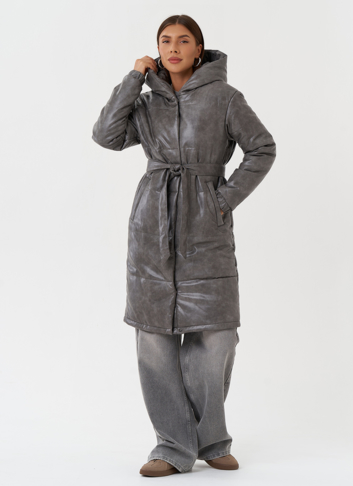 Пуховик из эко кожи с капюшоном