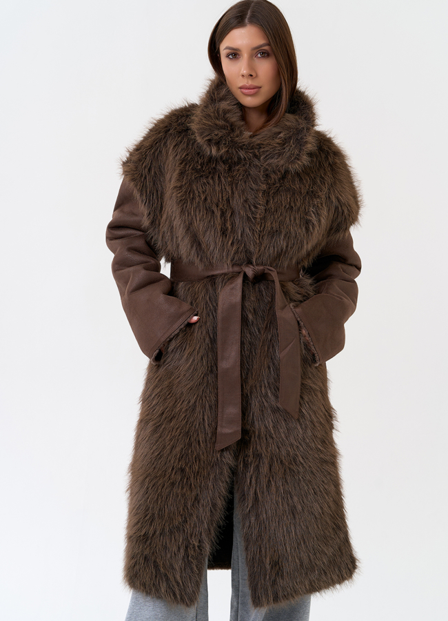 Женская дубленка из эко замши с отделкой из эко меха модель № 31326 меха малина