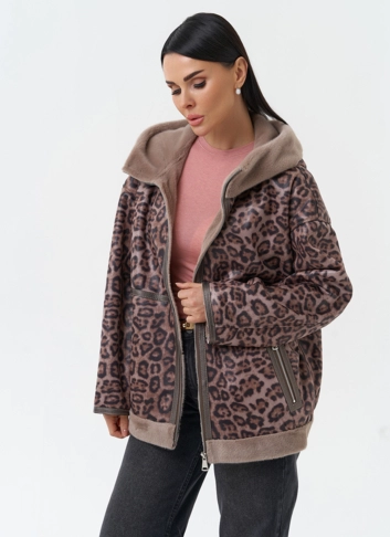 Женская дубленка из эко замши с капюшоном