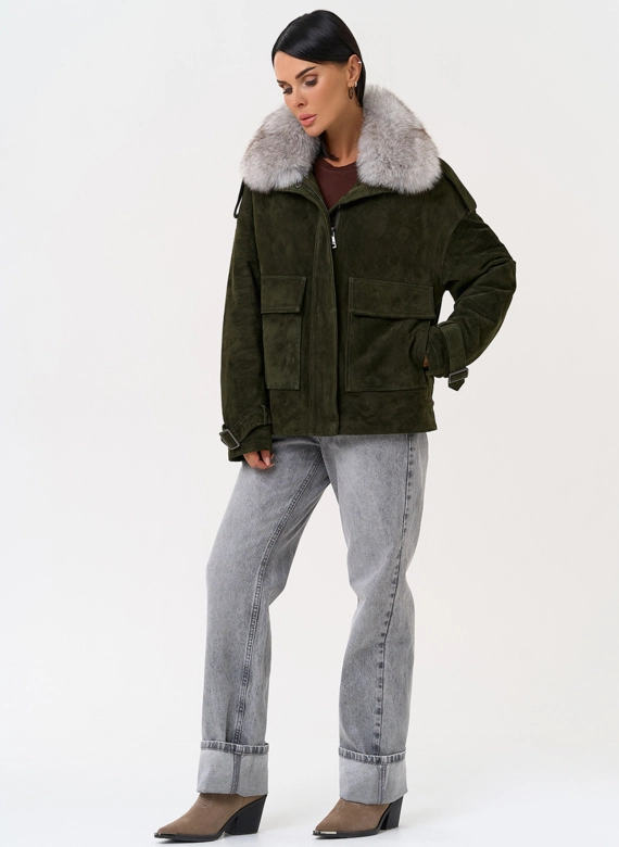 Короткий пуховик из натуральной замши фото