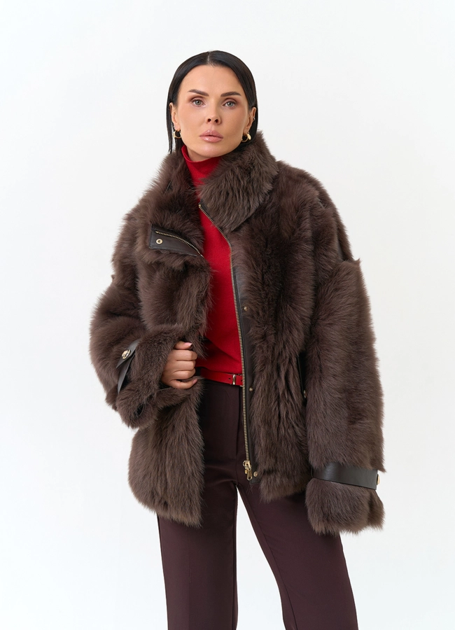 Женская дубленка с воротником стойкой модель № 34217 меха малина фото