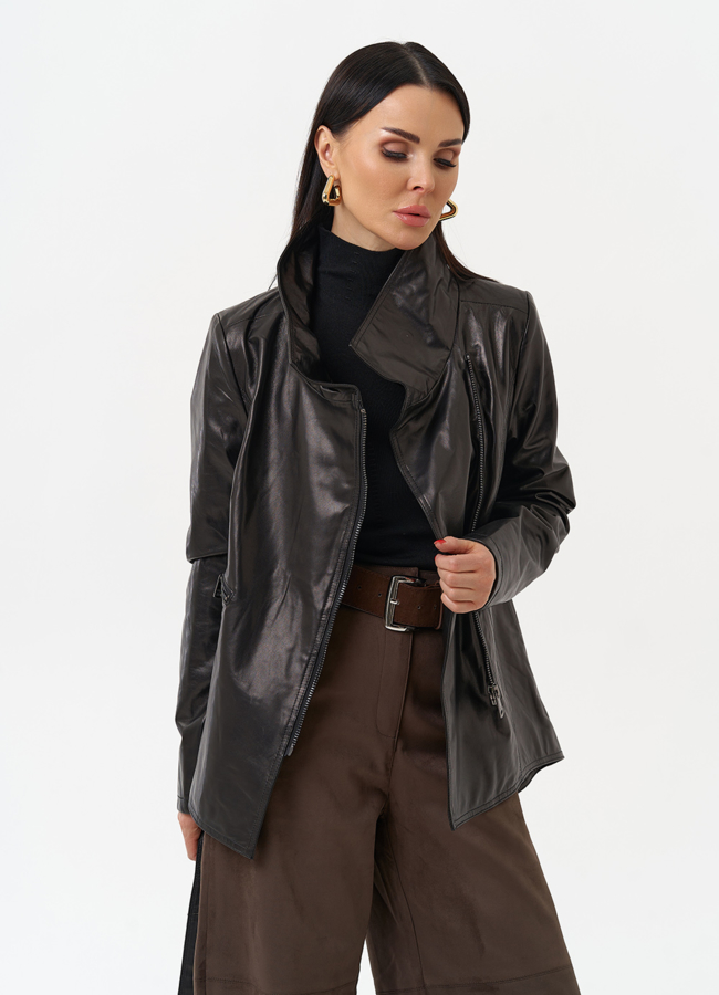 Удлиненная куртка из натуральной кожи с поясом модель № 10703 универмаг малина