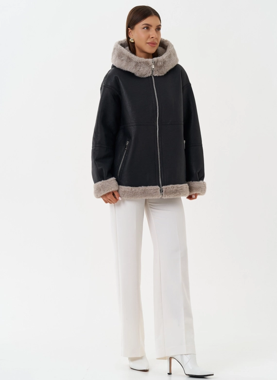 Женская эко дубленка с капюшоном