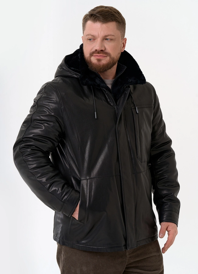 фото Мужская дубленка черного цвета с капюшоном модель № 31776