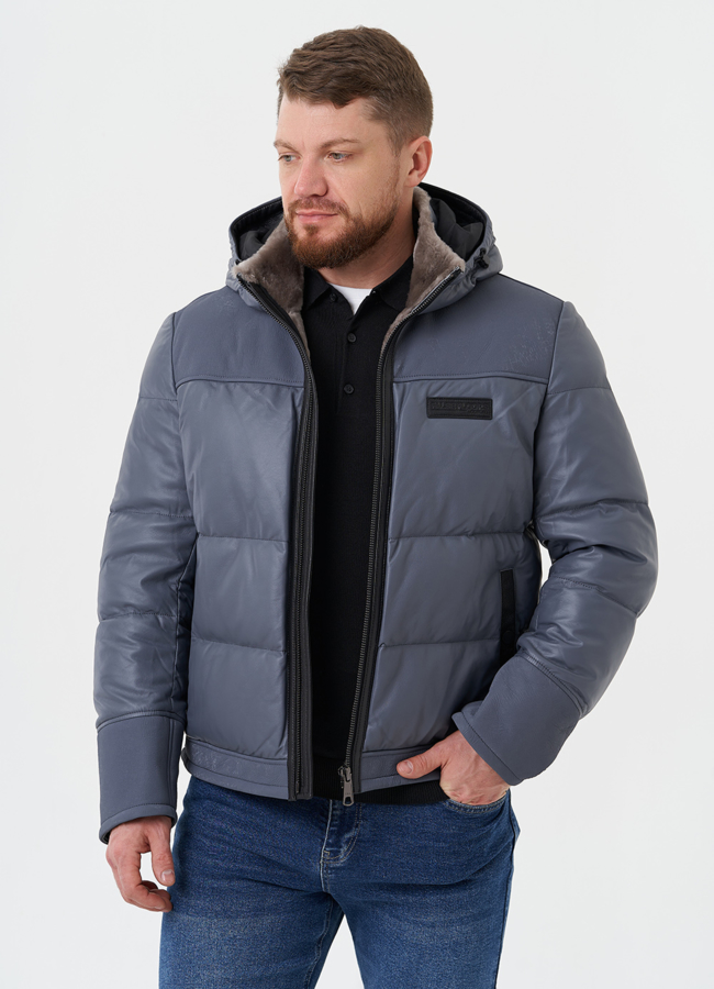 Пуховик из натуральной кожи с капюшоном модель № 28578 универмаг малина