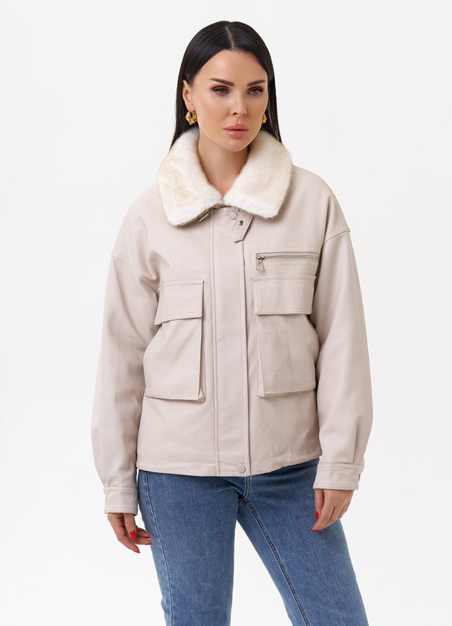 Куртка весенняя из искусственной кожи  модель № 2181 меха малина