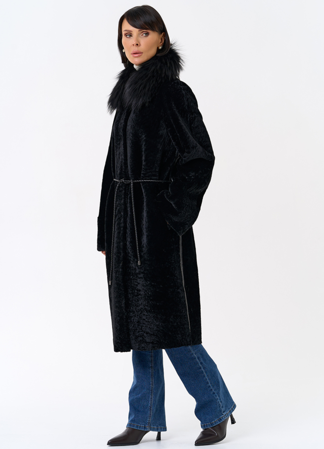 Женская двухстороняя дубленка с воротником из меха чернобурой лисы модель № 31932 универмаг малина