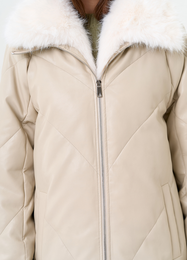 Женский пуховик из эко кожи с отделкой из эко меха модель № 30714 универмаг малина