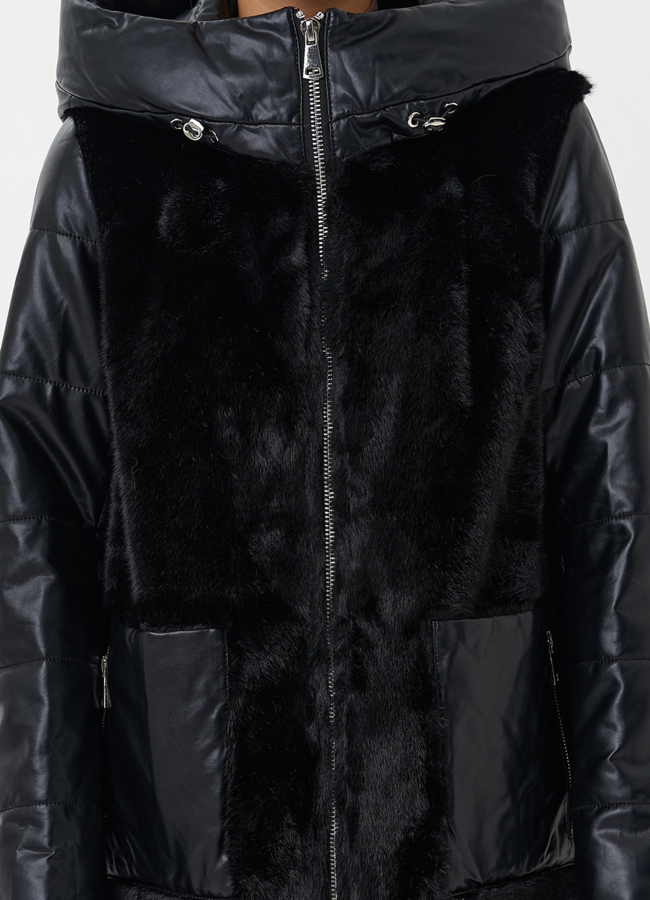 Пуховик из эко кожи с капюшоном модель № 23366 универмаг малина