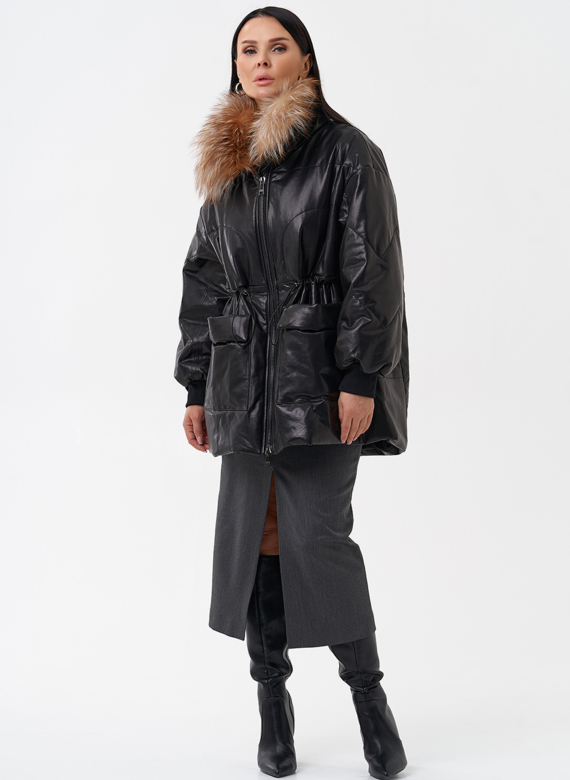 Кожаный пуховик с мехом