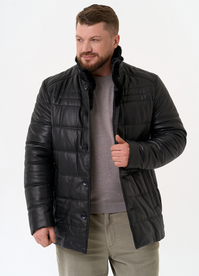 Пуховик из натуральной кожи с воротником стойкой модель № 26053 меха малина