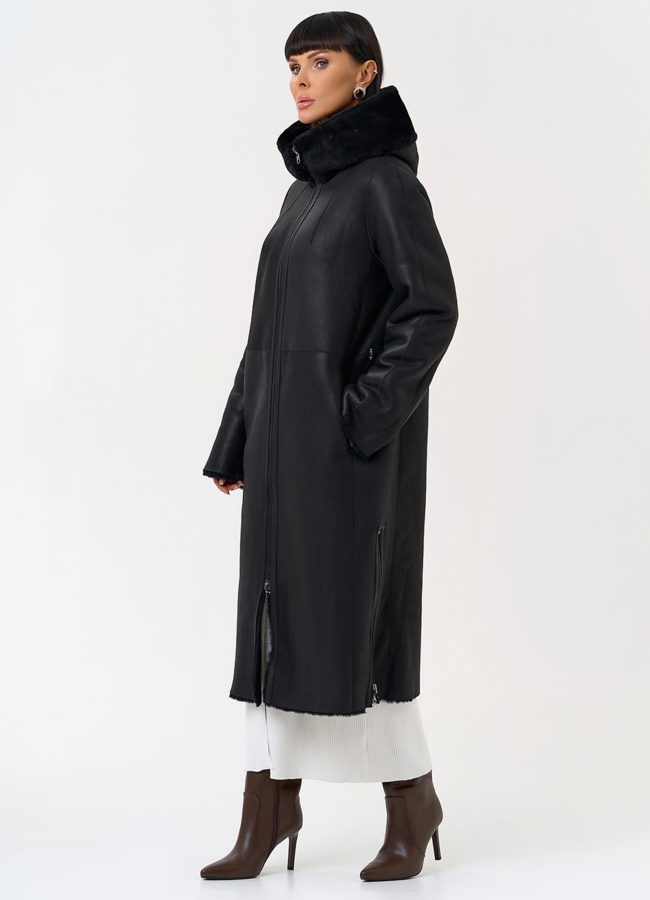 Натуральная двухсторонняя дубленка с капюшоном модель № 28957 универмаг малина