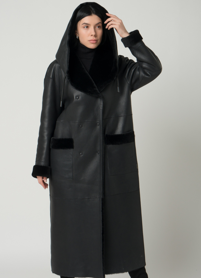 Удлиненная женская дубленка с капюшоном модель № 79587 меха малина